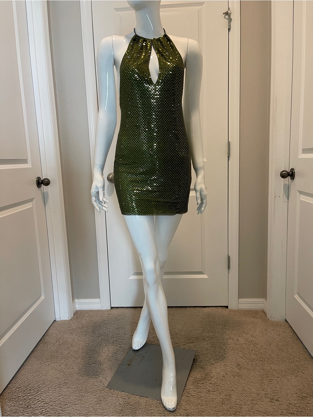 SELF-PORTRAIT Olive Rhinestone Mini Dress (US 2/UK 6) - Green